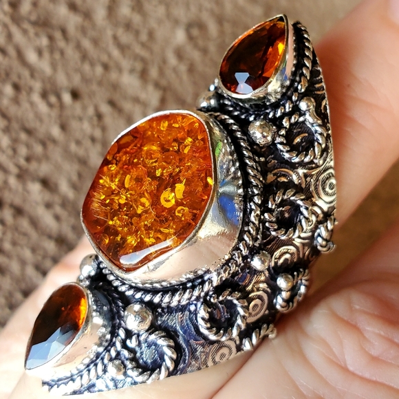 New Baltic Amber & Citrine 925 Silver Statement Ring. - Picture 5 of 13